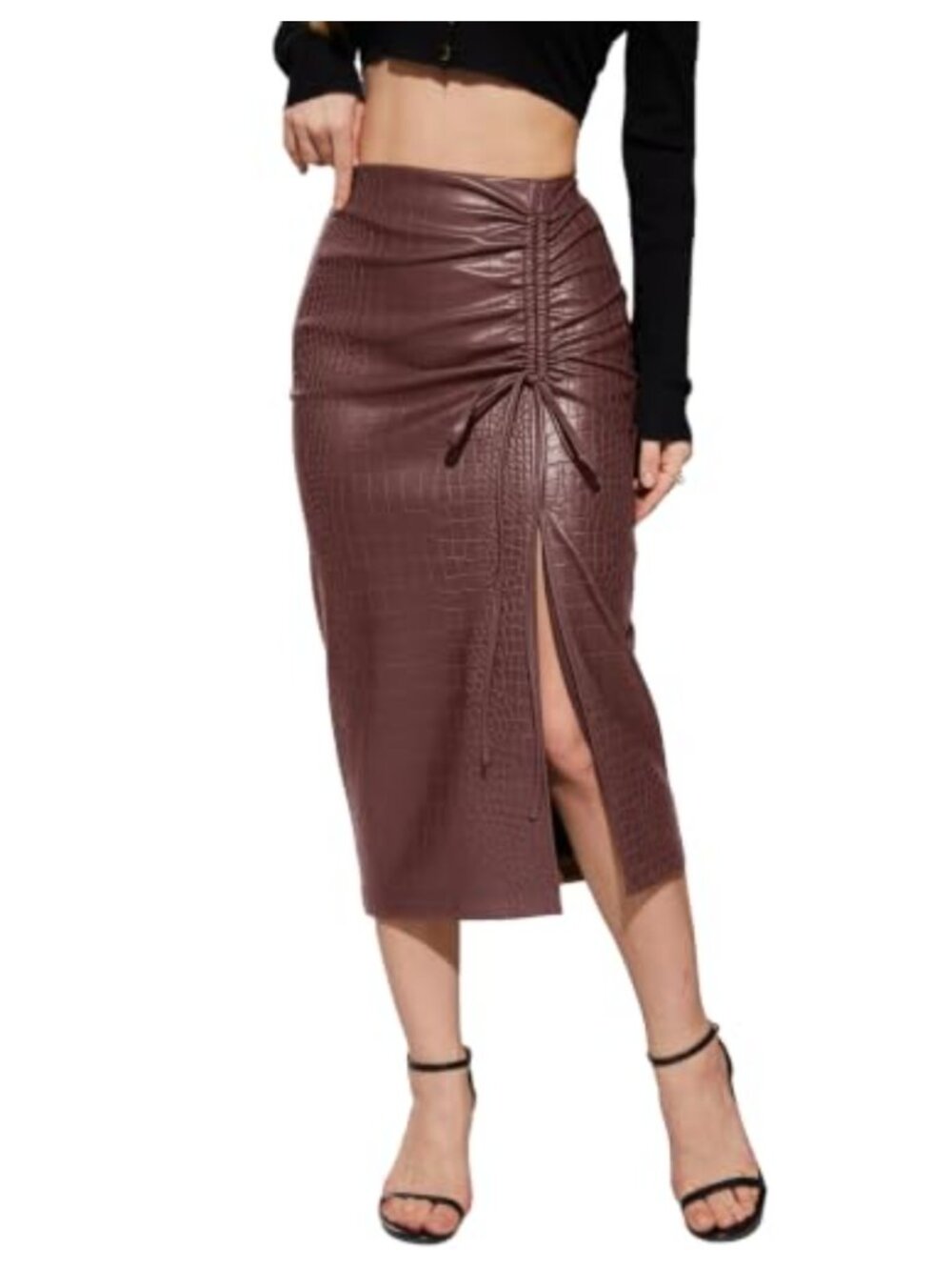 Faux Leather Bodycon Pencil Skirt High Waisted Side Slit Ruched Midi